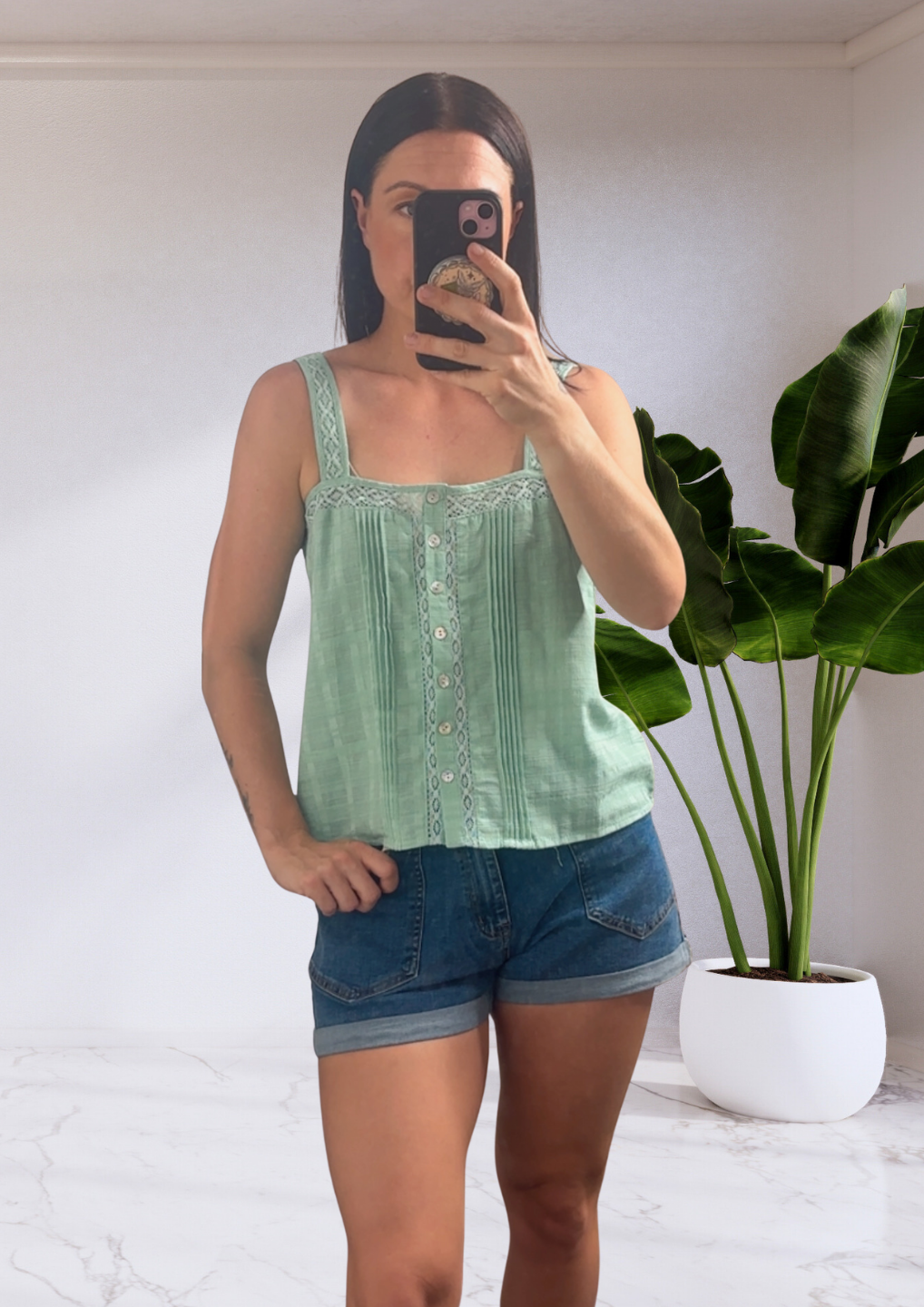 Carly Lace Button Up Singlet Top - Green