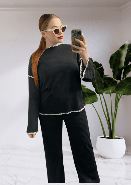 Kai By Frankie Rib Knit Long Sleeve & Pants Set - Black