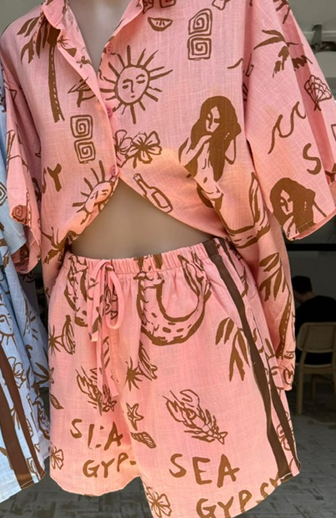 Taya Button Up Shirt & Racer Shorts Set - Peach Sea Gypsy | By Frankie