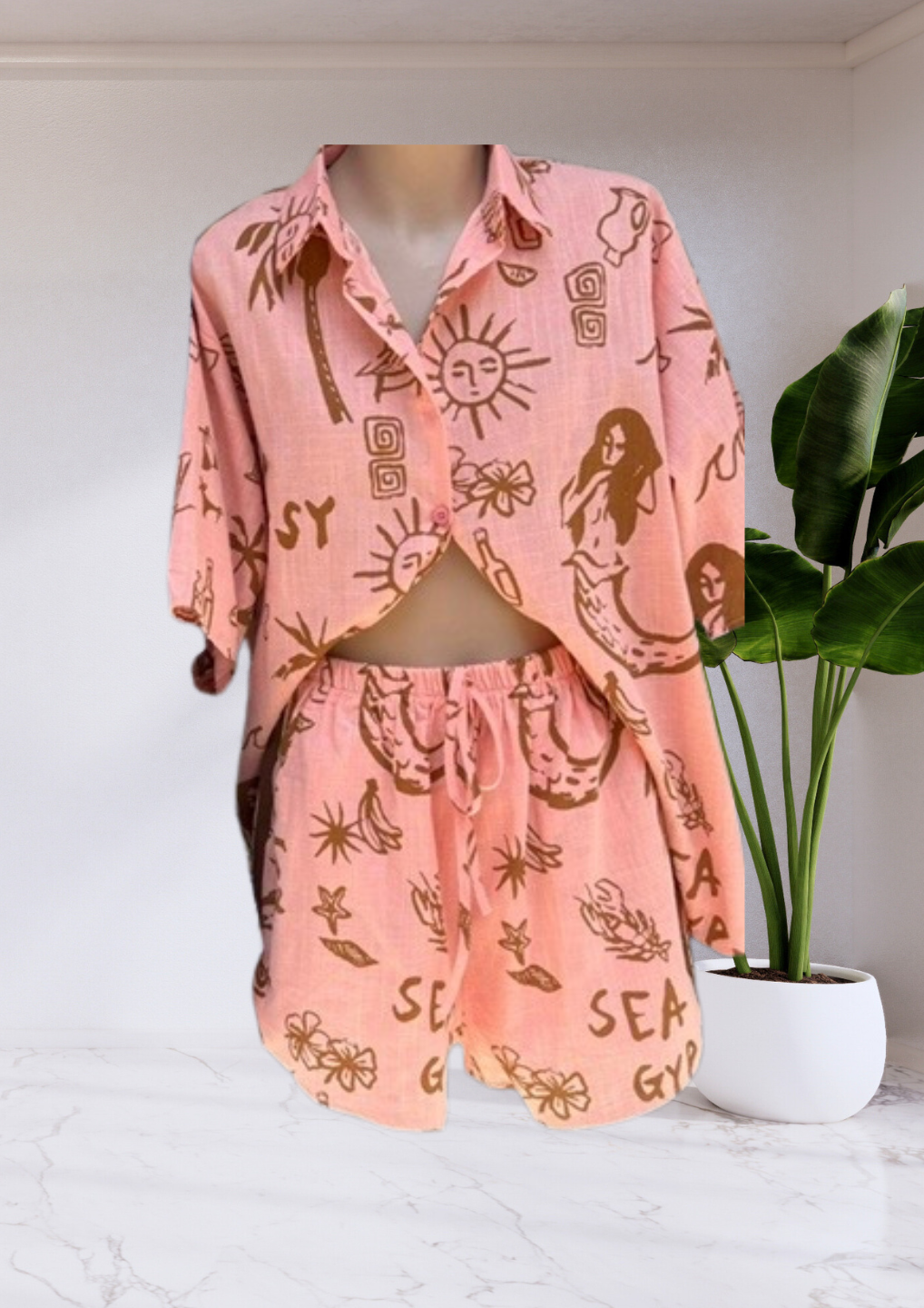 Taya Button Up Shirt & Racer Shorts Set - Peach Sea Gypsy | By Frankie