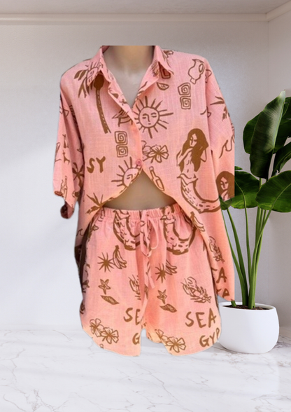 Taya Button Up Shirt & Racer Shorts Set - Peach Sea Gypsy | By Frankie