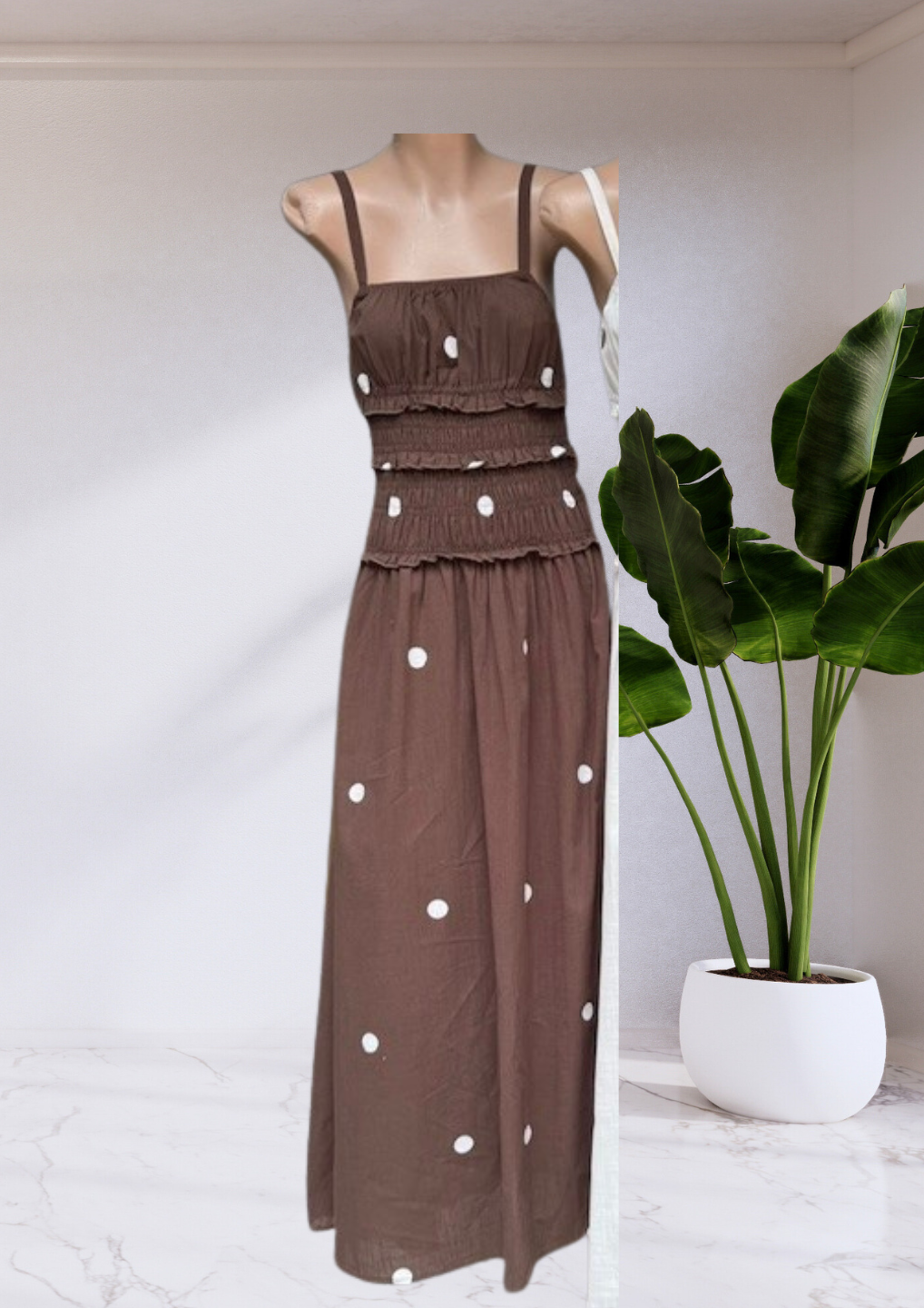 Vera Shirred Waist Polka Dot Maxi Dress - Chocolate | By Frankie
