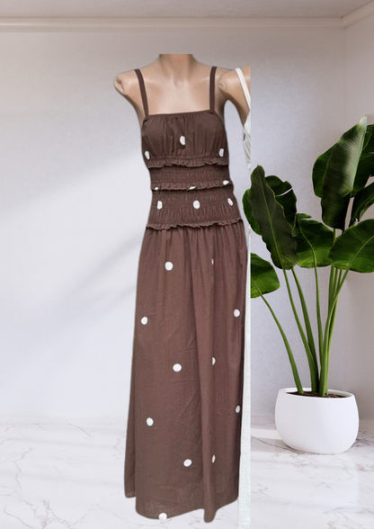Vera Shirred Waist Polka Dot Maxi Dress - Chocolate | By Frankie