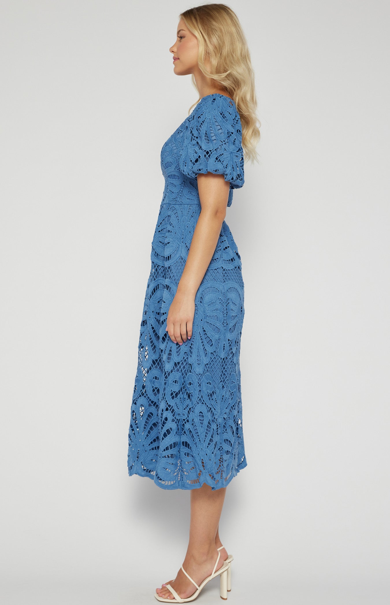 Evelyn Puff Sleeves V Neckline Lace Dress - Blue