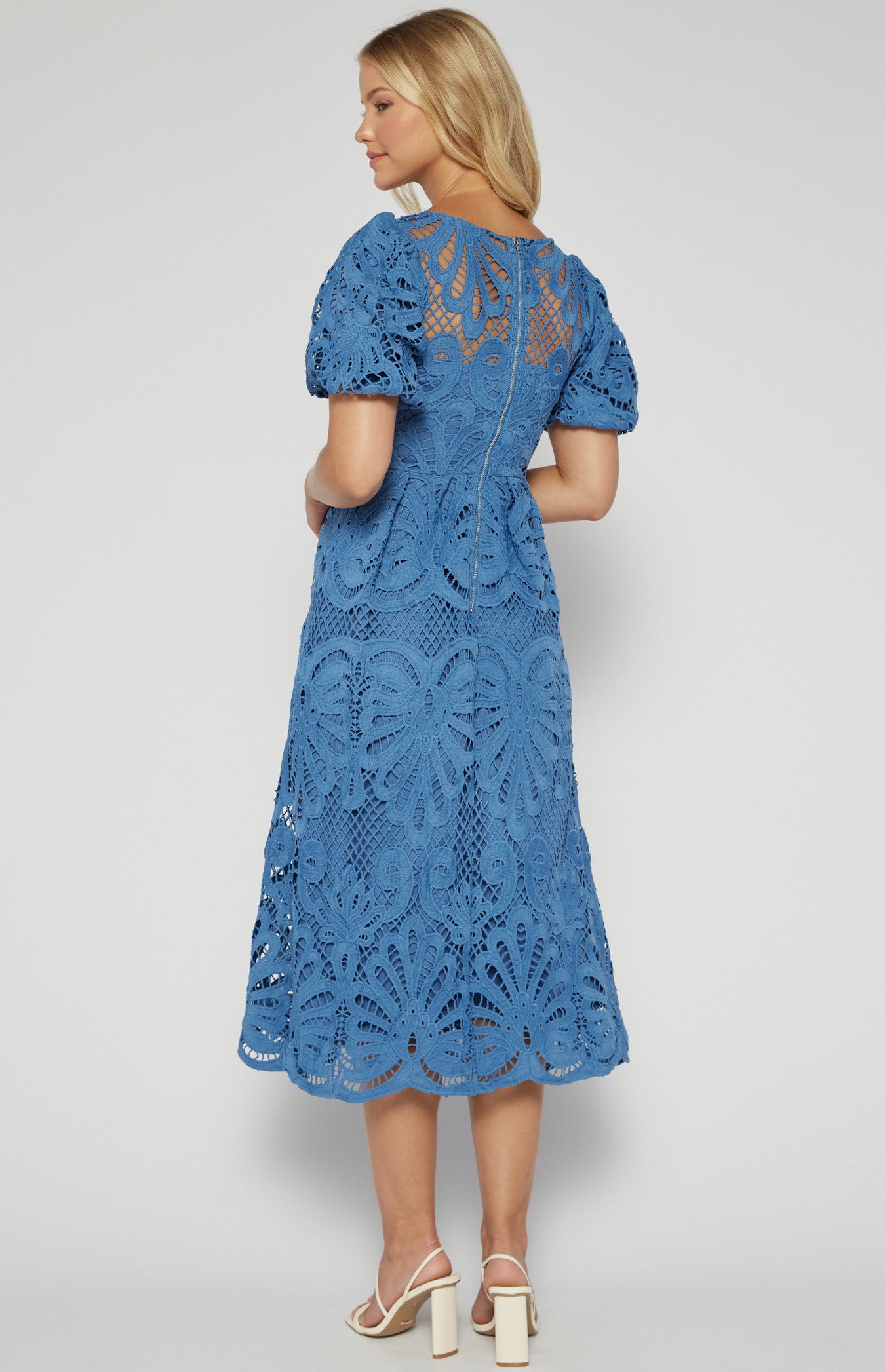 Evelyn Puff Sleeves V Neckline Lace Dress - Blue