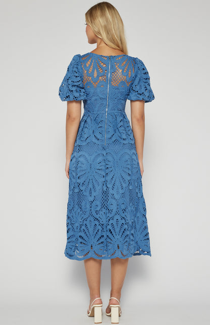 Evelyn Puff Sleeves V Neckline Lace Dress - Blue