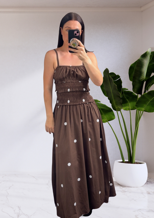 Vera Shirred Waist Polka Dot Maxi Dress - Chocolate | By Frankie