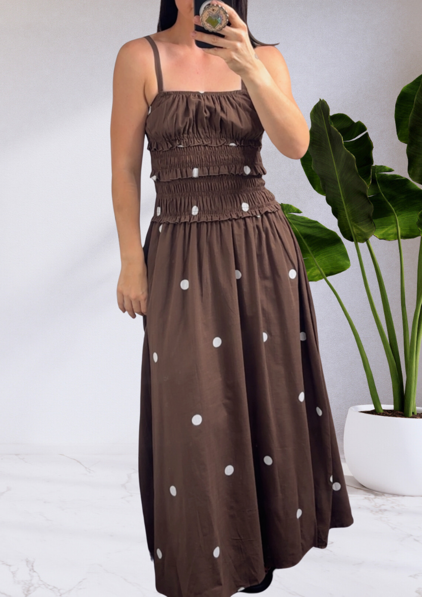Vera Polka Dot Maxi Dress Brown