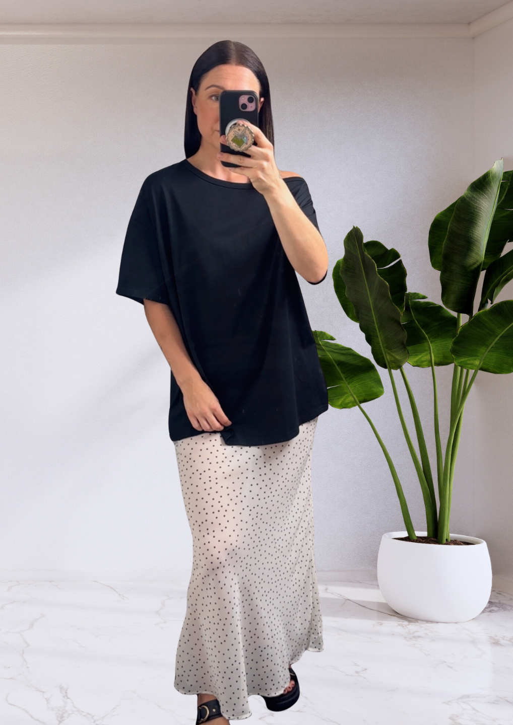 Esme Off Shoulder Tee T-Shirt & Spot Sheer Skirt Set - Black White | By Frankie