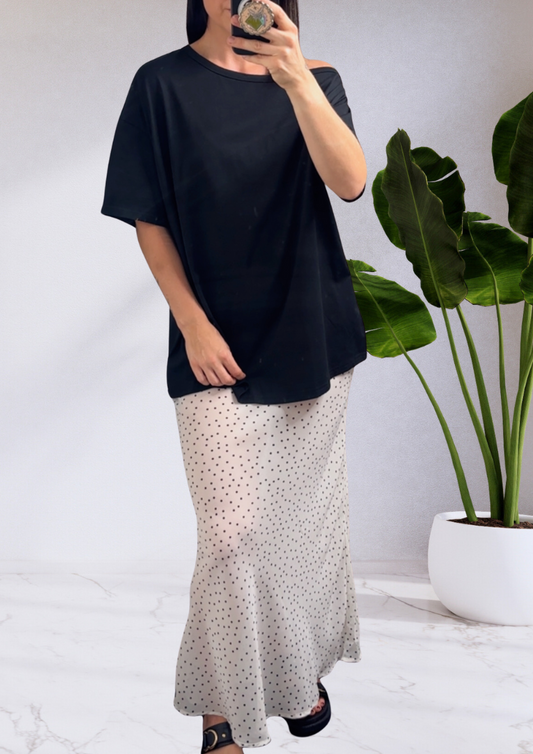 Esme Off Shoulder T-Shirt & Sheer Skirt Set Black White