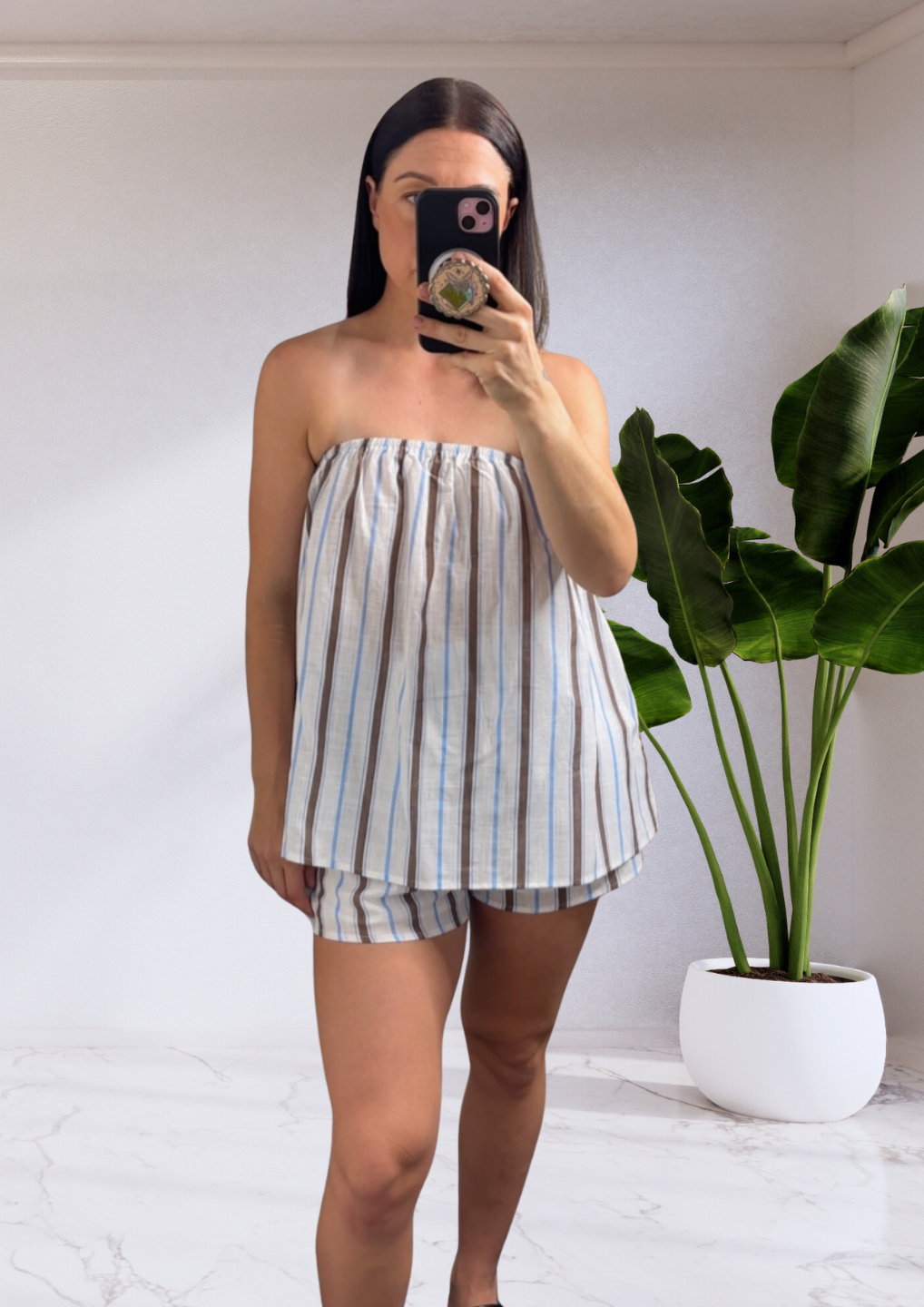 Bella Strapless Tube Top & Matching Pants Set - Choc/Blue Stripe | By Frankie