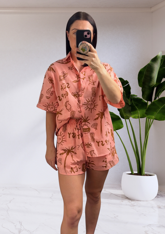 Taya Button Up Shirt & Racer Shorts Set - Peach Sea Gypsy | By Frankie