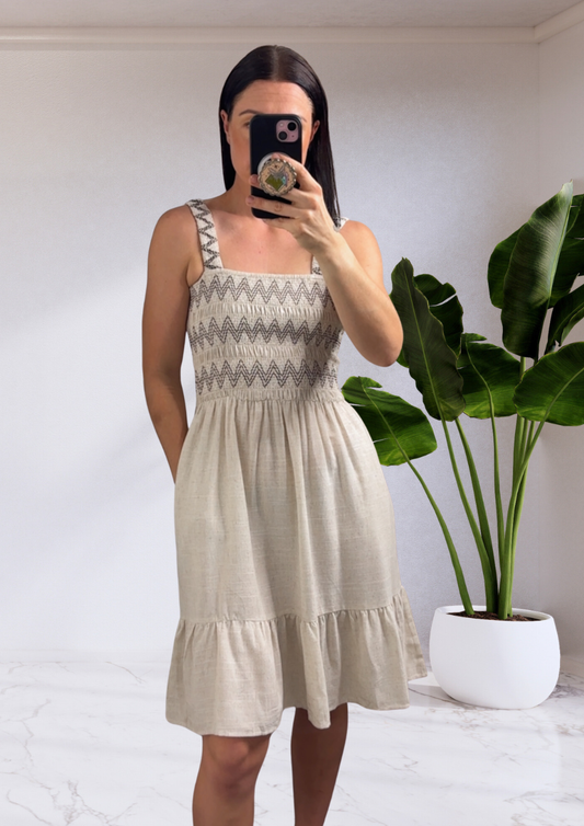 Demi Shirred Bust Linen Mini Dress - Beige