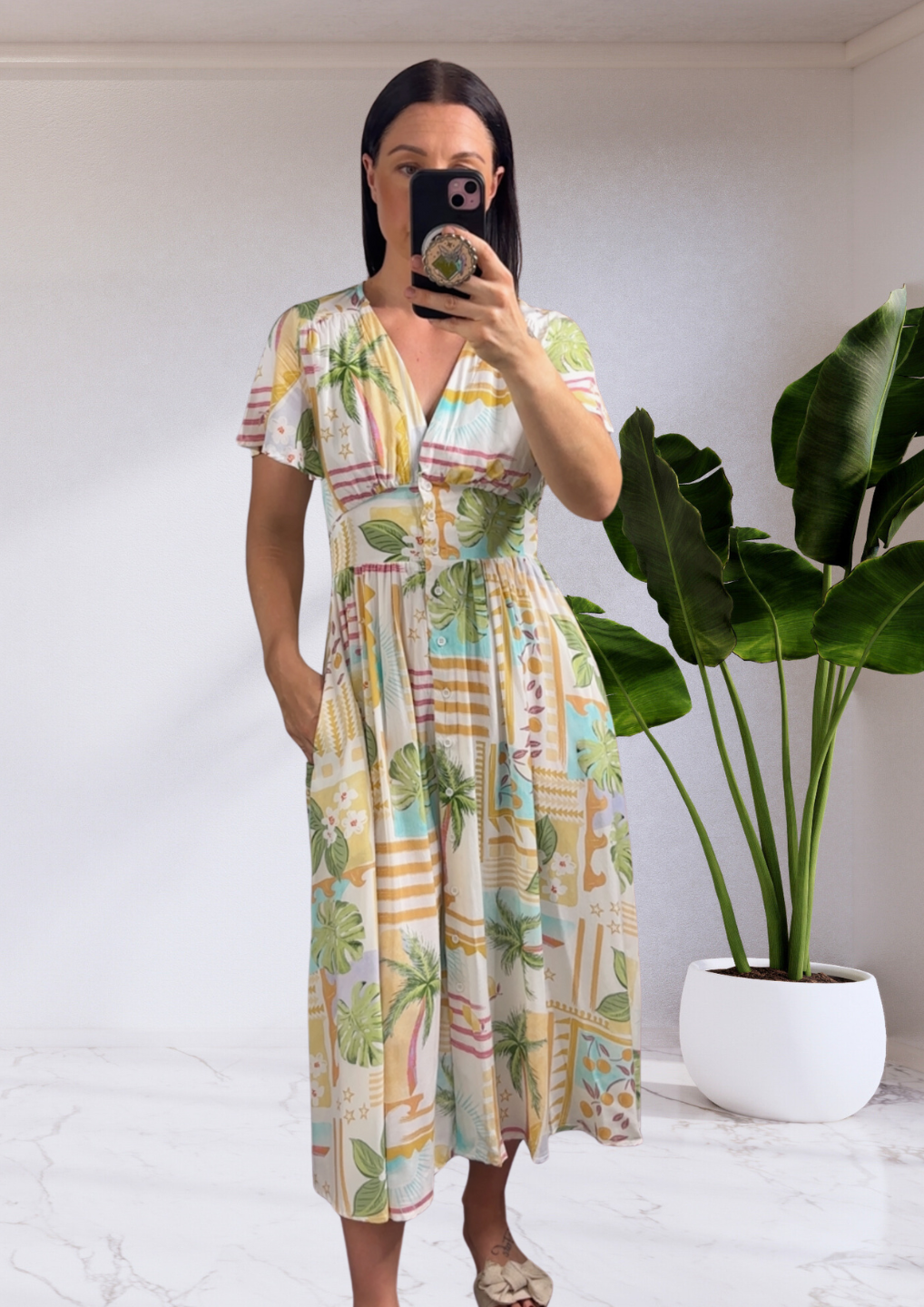 Zoe Button Up Midi Dress - Yellow Tropical