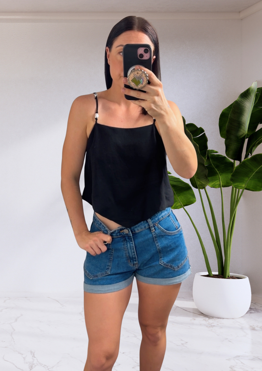 Gia Elastic Open Back Cami Top - Black