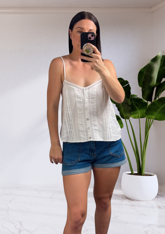Mia Cotton Lace Singlet Top - White