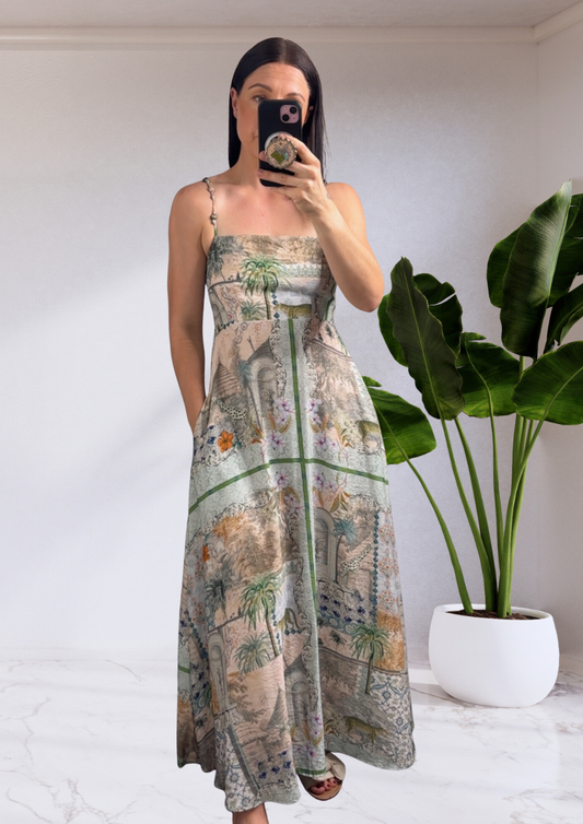 Tia Spaghetti strap Maxi Dress - Green Zoo Print