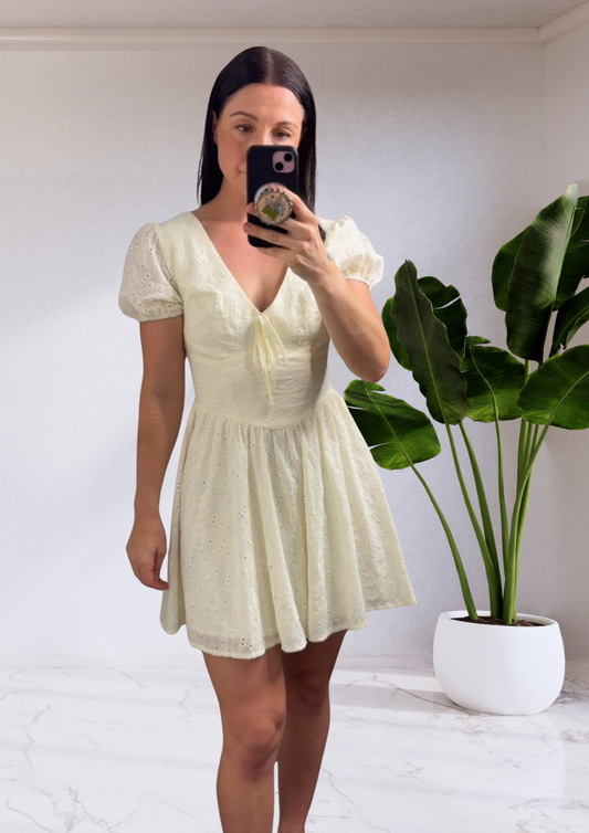 Kaylee Embroidered Cotton V Waist Panel Mini Dress - Lemon Yellow