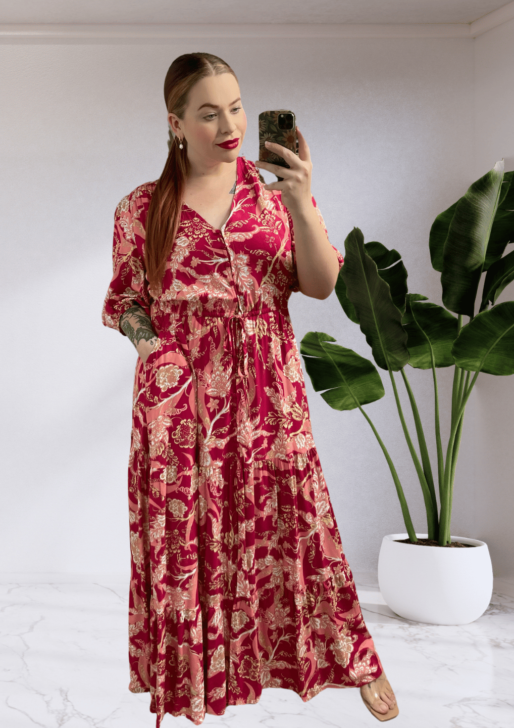 Adeline Boho 1/2 Sleeves Maxi Dress - Red Floral