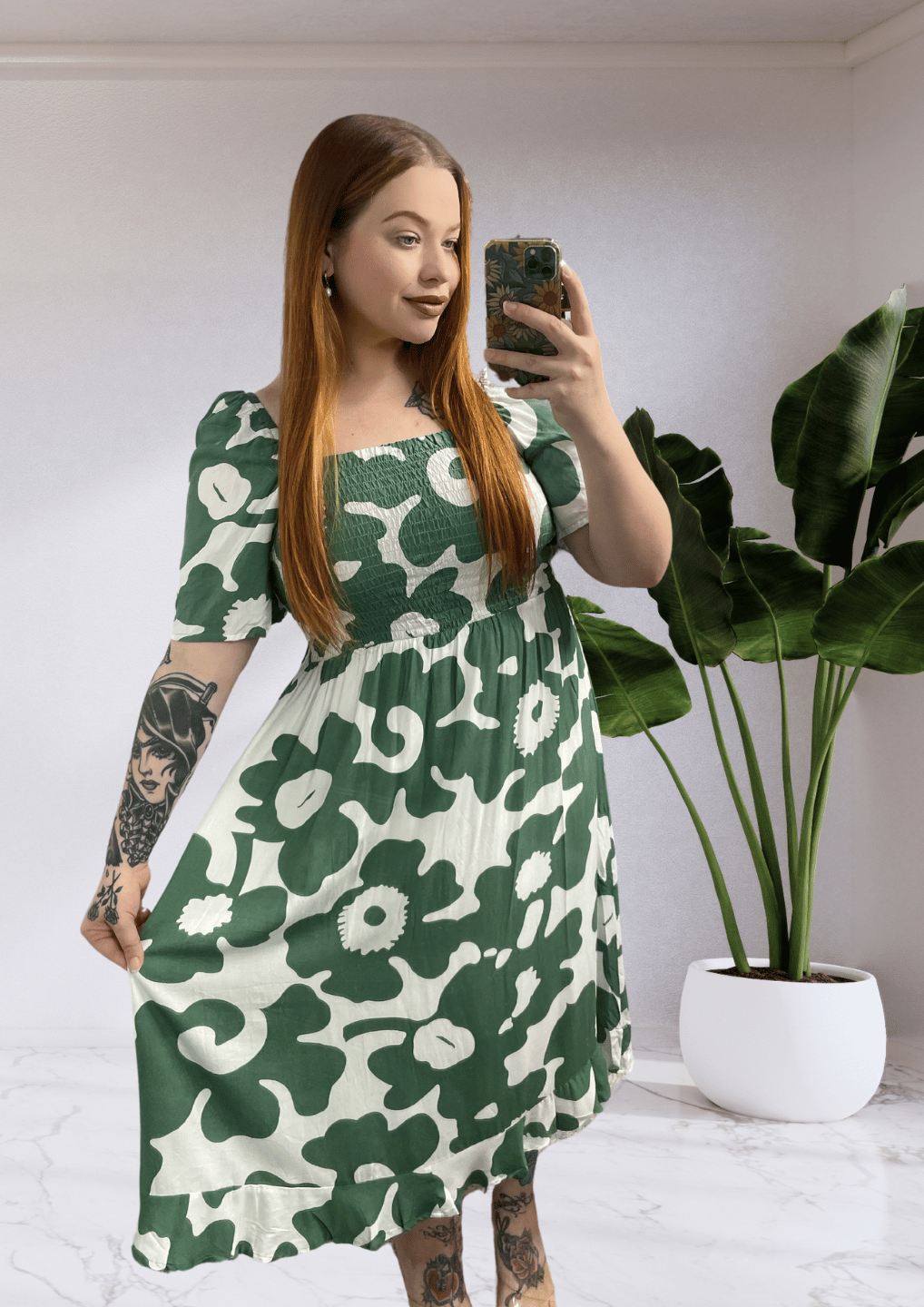 Shae Shirred Bust Midi Dress - Green/Floral