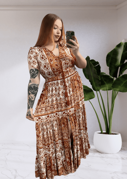 Etta Boho Short Sleeve Maxi Dress - Red Orange