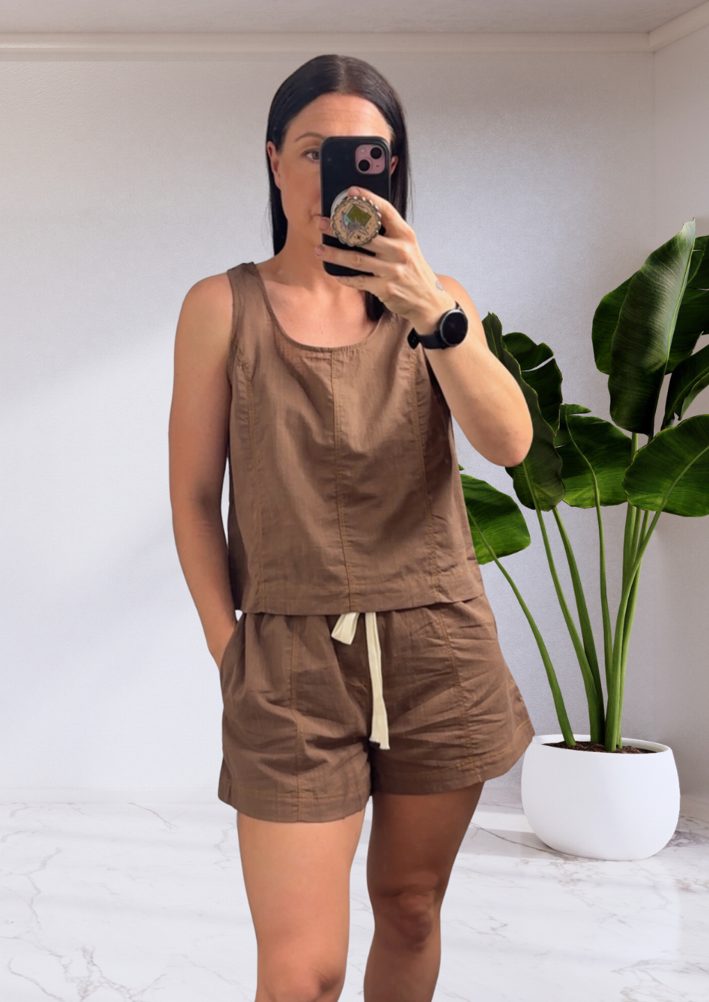 Charlie Matching Top & Shorts Set Brown Stitch