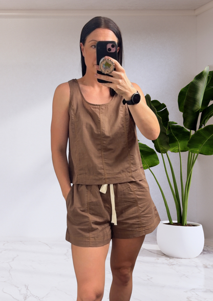 Charlie Matching Top & Shorts Set Brown Stitch