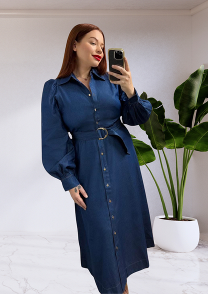 Gina Button Up Belted Maxi Dress - Blue Denim