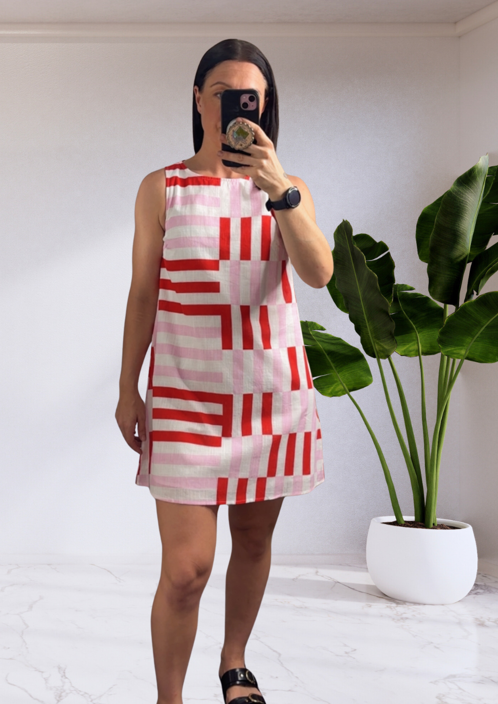 Jazmine Shift Mini Dress - Pink Red Geo Stripe | By Frankie