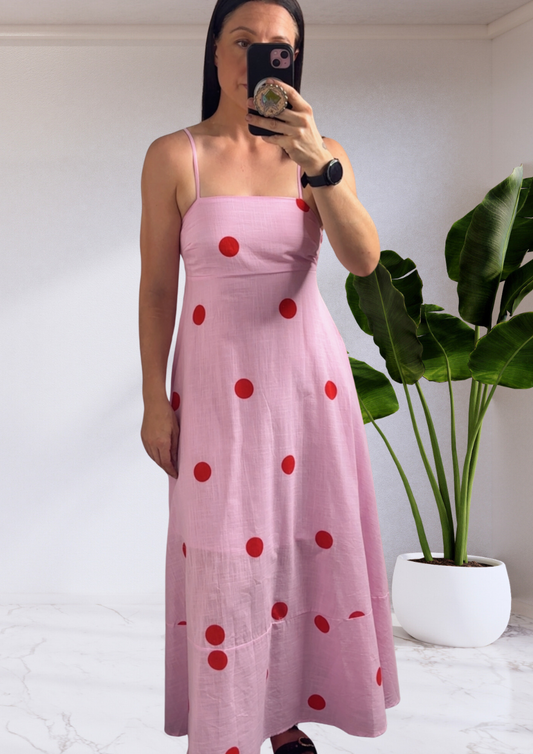 Janet Polka Dot Maxi Dress - Pink/Red | By Frankie