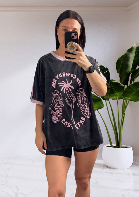 Jersey Tee T-Shirt - Mermaid Cowboy Surf Club Black Acid Wash | By Frankie