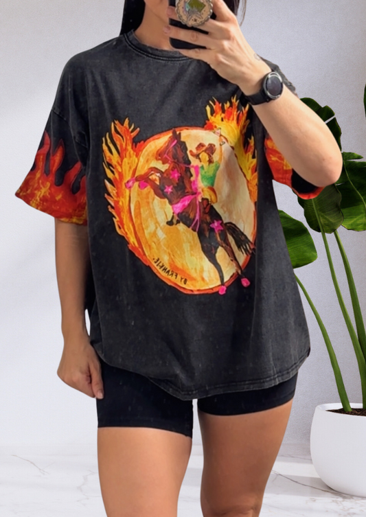 Mya Oversized T-Shirt Black Acid Flame Cowgirl