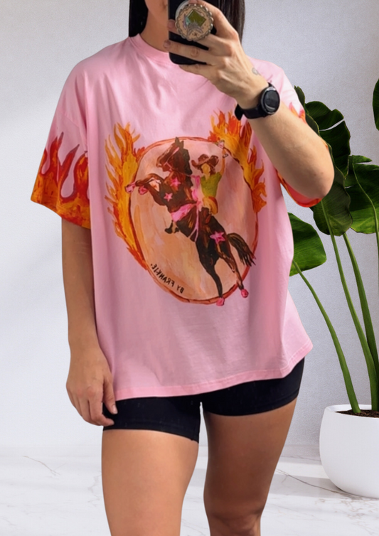 Mya Oversized T-Shirt Pink Flame Cowgirl