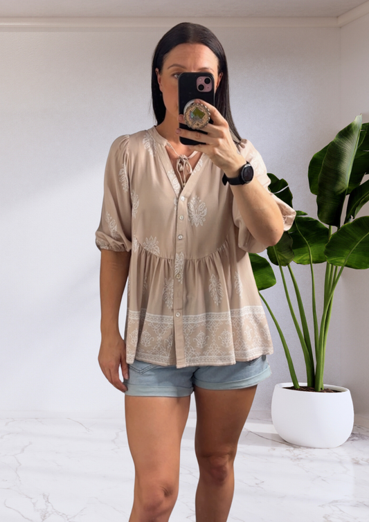 Pip Short Sleeve Button Up Shirt - Beige