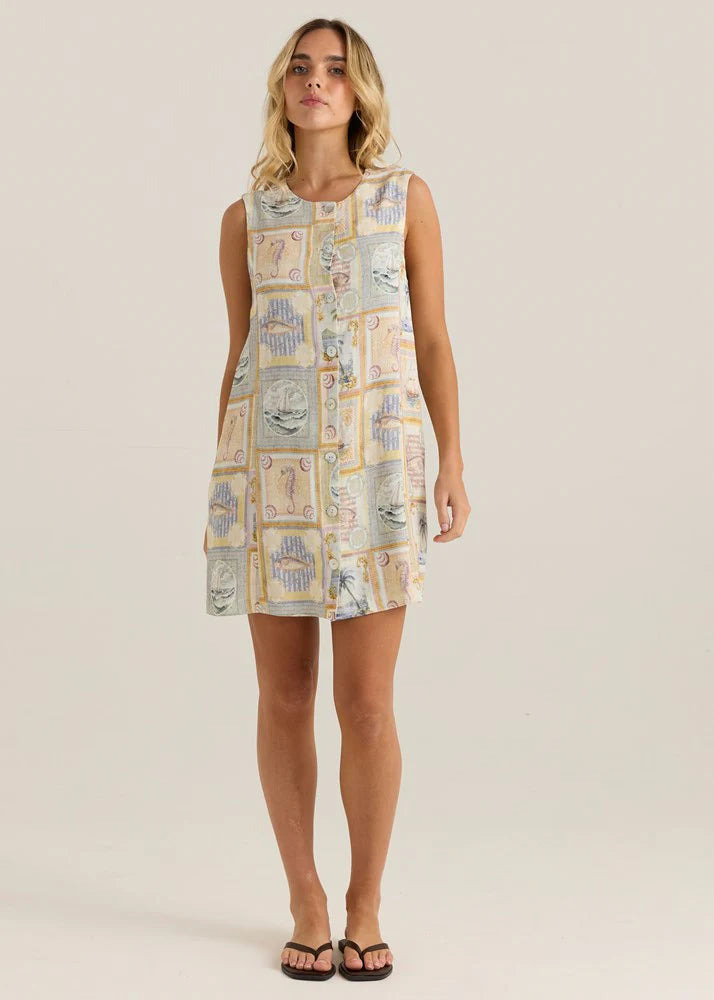 Reo Button Shift Mini Dress - Wayfarer Print