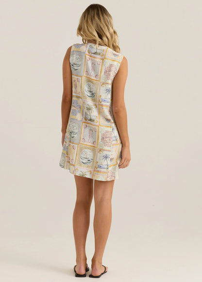 Reo Button Shift Mini Dress - Wayfarer Print