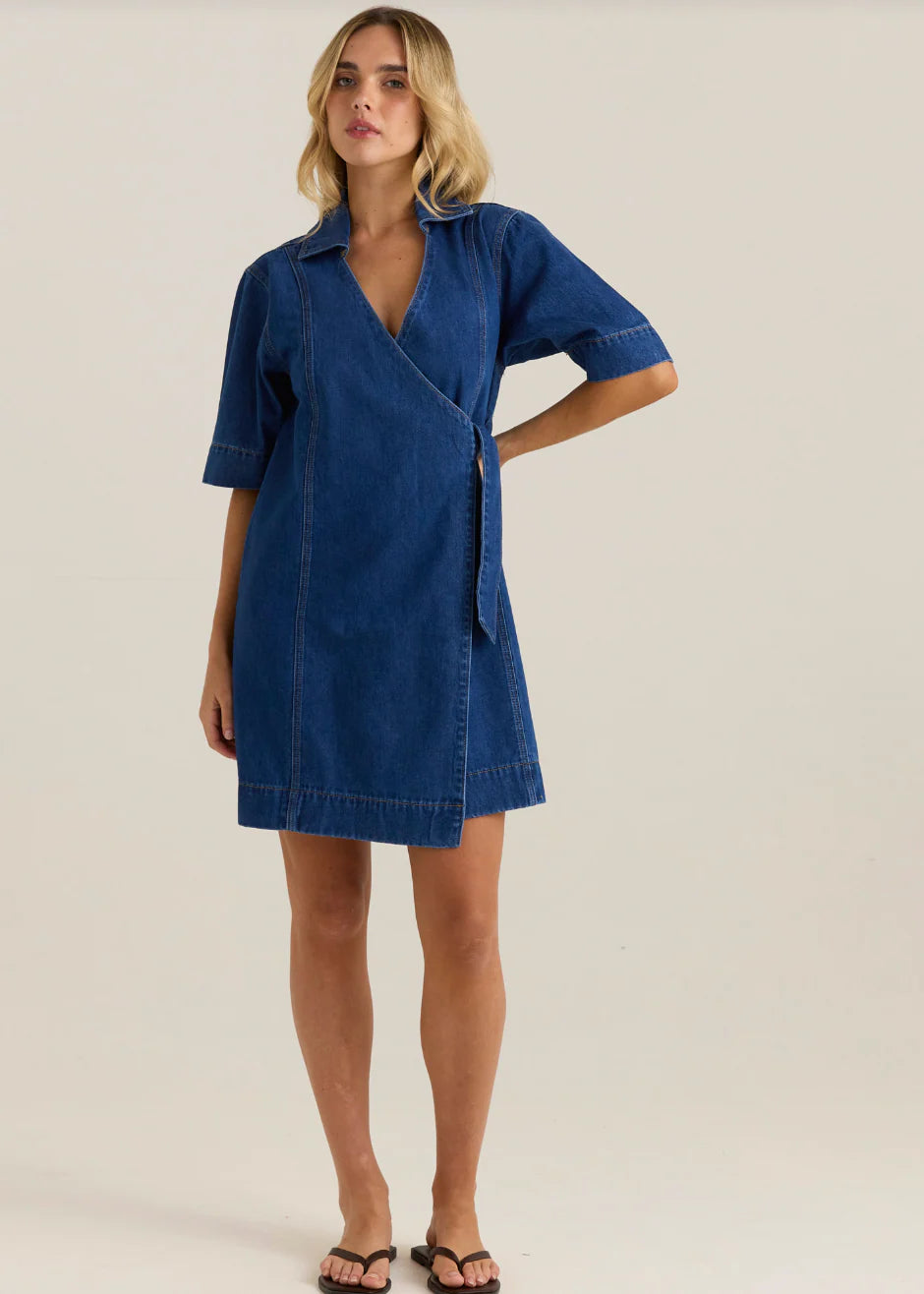 SASS Sylvia Denim Wrap Mini Dress - Blue