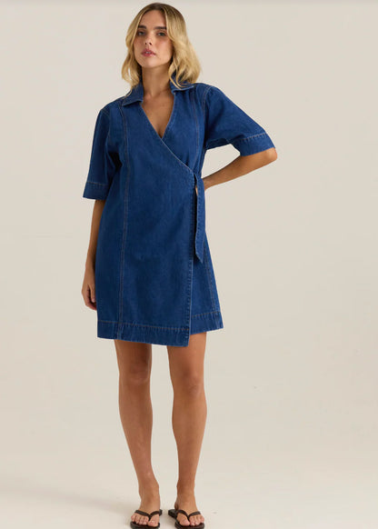 SASS Sylvia Denim Wrap Mini Dress - Blue