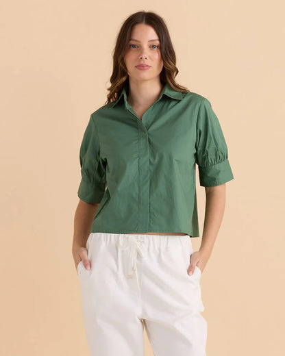 Reagan Poplin Button Up Shirt Top  - Green