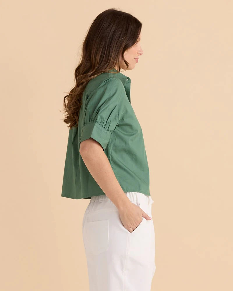Reagan Poplin Button Up Shirt Top  - Green