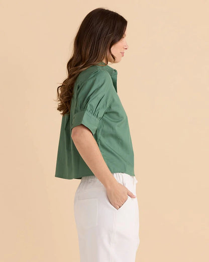 Reagan Poplin Button Up Shirt Top  - Green