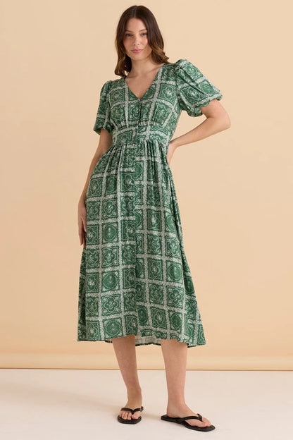 Dahlia Midi Dress - Floral Tile Print