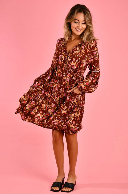 Molly Long Sleeve Mini Dress - Cocoa Blossom