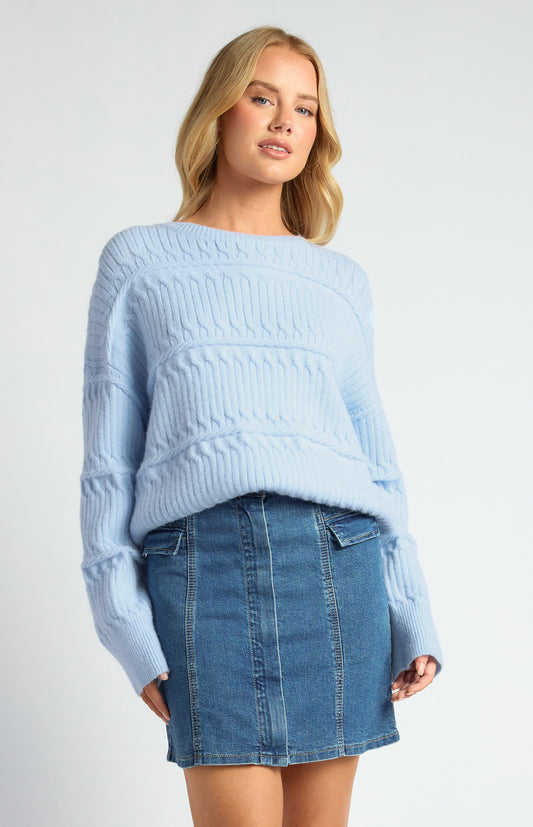 Drop Shoulder Cable Knit Jumper - Pale Blue