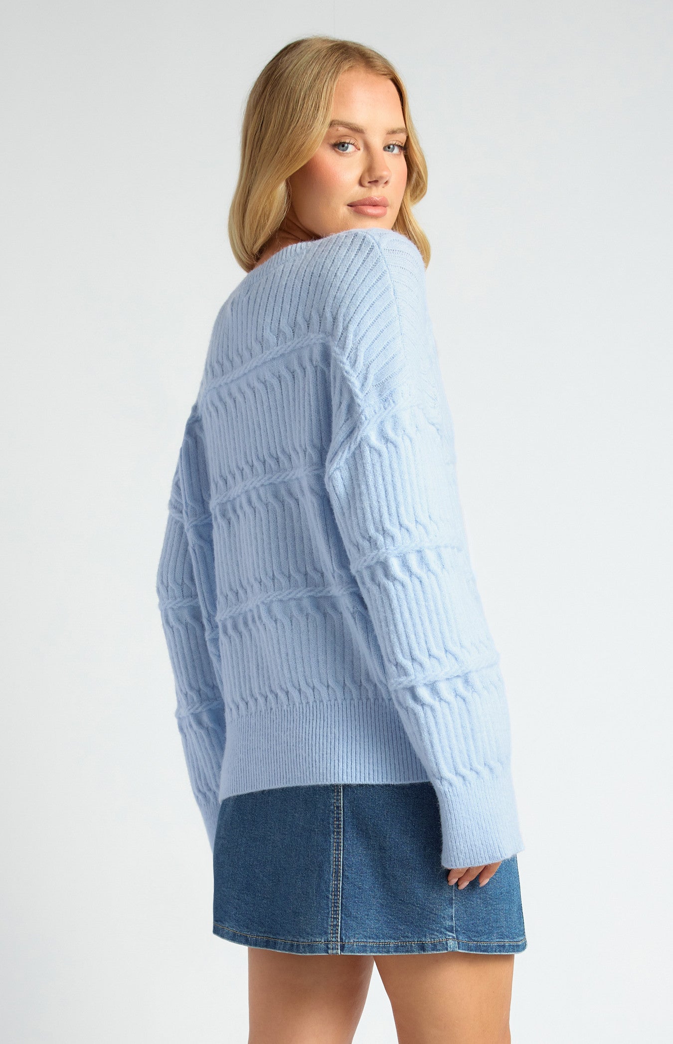 Drop Shoulder Cable Knit Jumper - Pale Blue