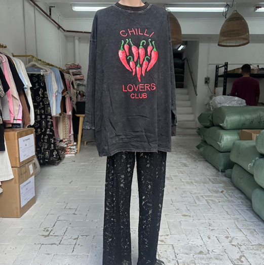 Chilli Lovers Shirt & Lace Pant Set - Black Acid Wash