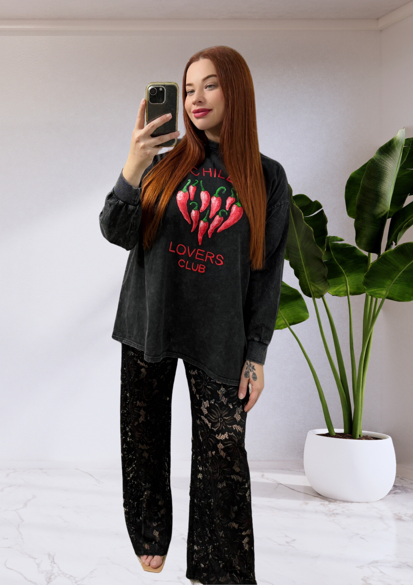 Chilli Lovers Shirt & Lace Pant Set - Black Acid Wash