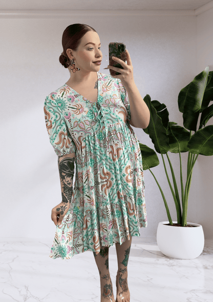 Luca Boho Floral Mini Dress  - Green