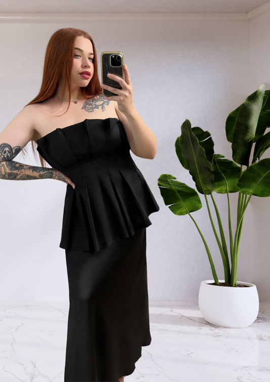 Cotton Pleated Tube Top & Satin Skirt Set - Black