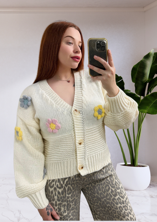 Ribbed Knit Button Up Cardigan -  Cream Flowers